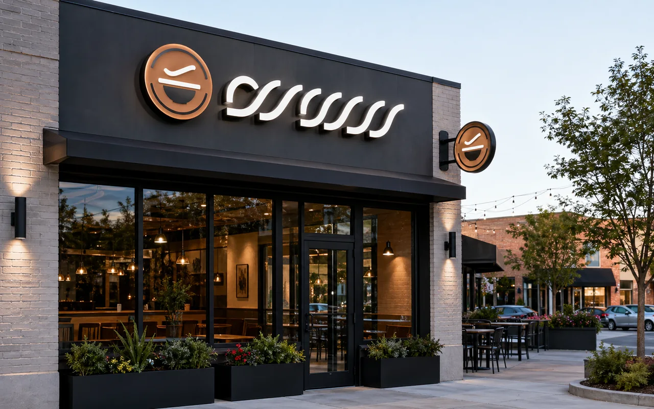 Illustrative restaurant storefront sign concept with exterior channel letters.