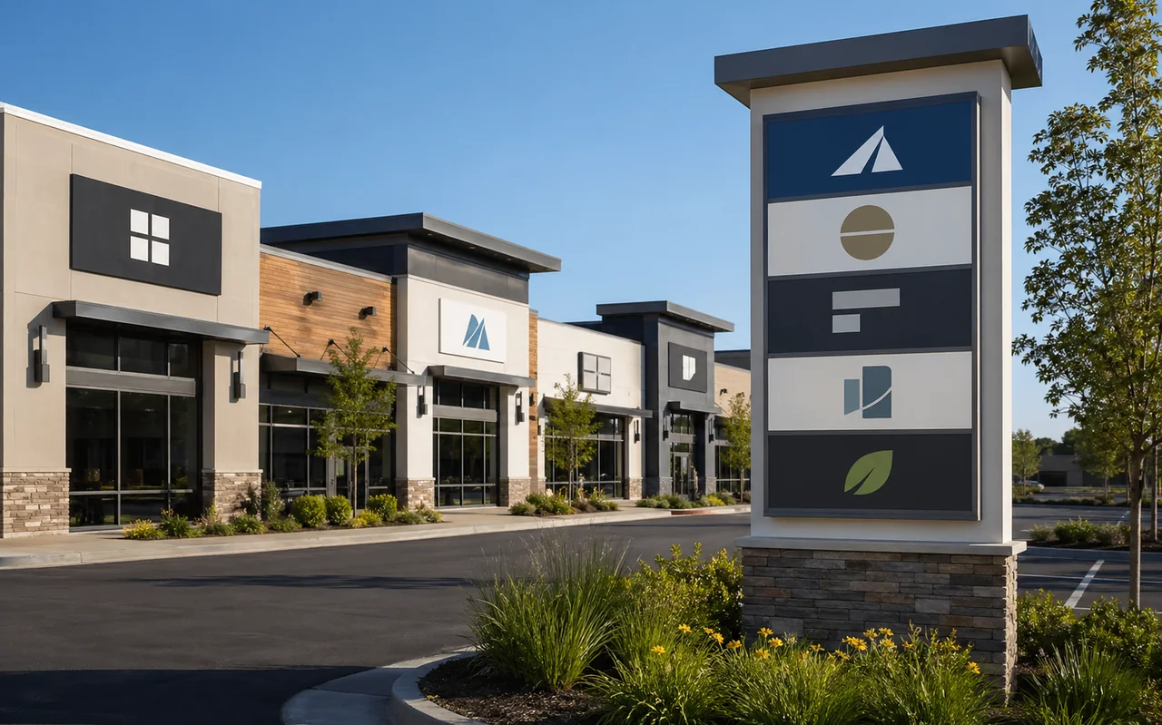 Illustrative retail plaza signage concept with tenant panels and a pylon sign.