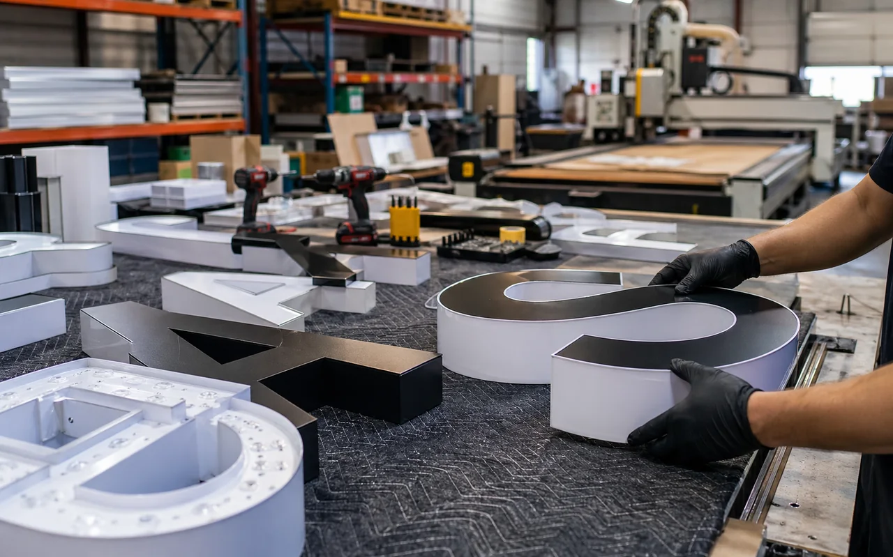 Illustrative sign fabrication shop with dimensional sign components.